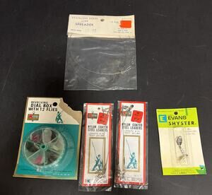 Kmart Fishing Accessories Lot Dial Box Flies Steel Leaders Lure Line Spreader
